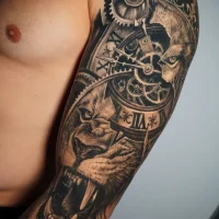 Tatuaje REalista de león con engranajes hecho por david