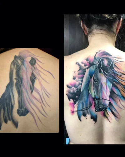 tatuaje cover up antes y despues espalda de un unicornio